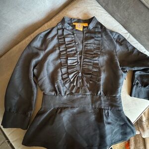 Tory Burch Navy Blouse with Ruffle Accent